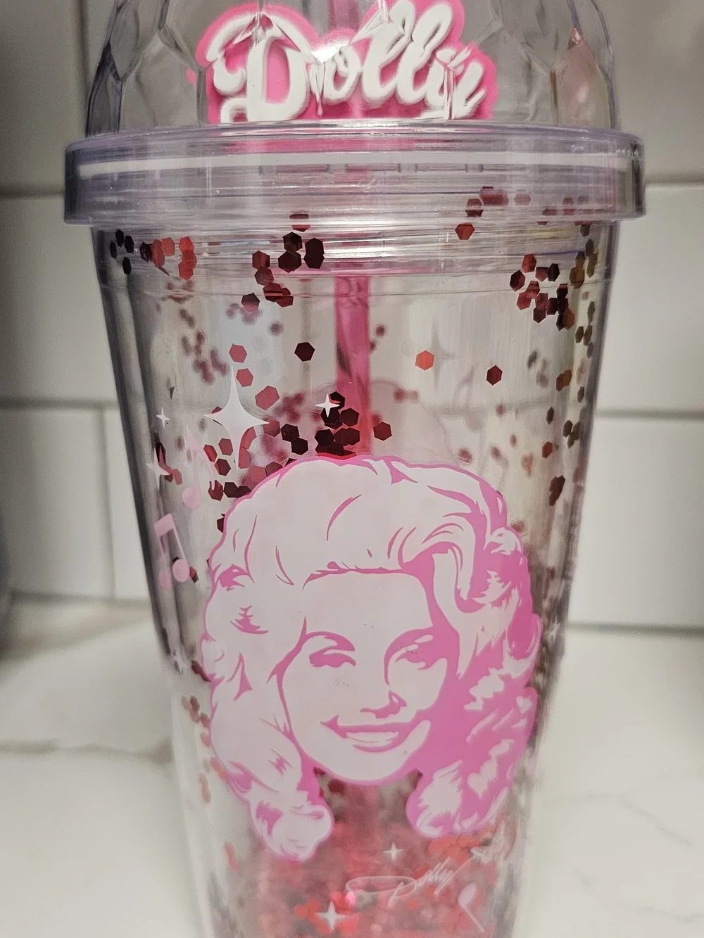 Dolly Parton Pink Glitter Portrait Tumbler with Straw